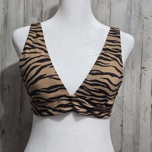 Aerie Pique Brown Animal Print Tie Back Longline Triangle Bikini Top Size XL